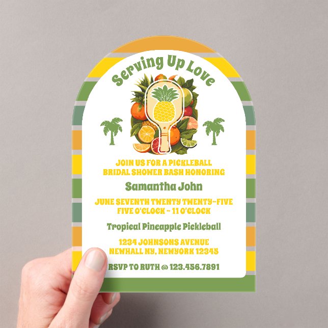 Tropisches Ananas-Pickleball-Brautparty Acryleinladungen (Insitu (Handheld))