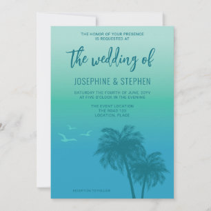 Tropisches Aqua-Blau mit Teal-Palmen-Hochzeit Einladung