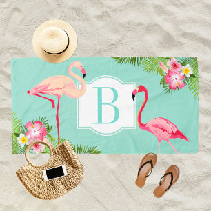 Tropisches Aqua und rosa Flamingo-Monogramm Strandtuch