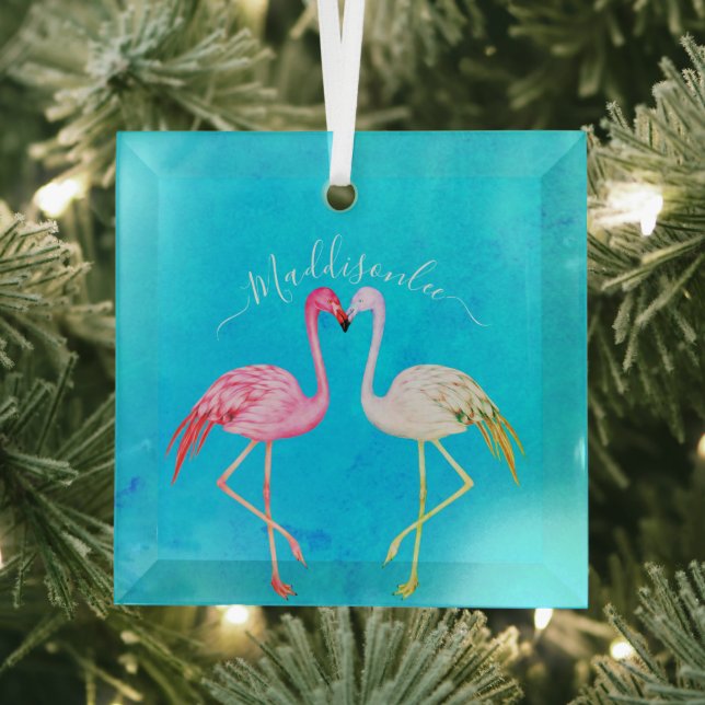 Tropisches aquamarines Aquarell Monogram Pink Flam Ornament Aus Glas (Insitu)