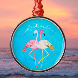 Tropisches aquamarines Aquarell Monogram Pink Flam Ornament Aus Metall