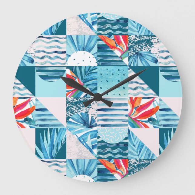 Tropisches aquamarines geometrisches abstraktes große wanduhr (Vorderseite)