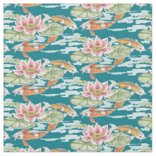 Tropisches Aquamarines Koi & Lotus Fischbecken Stoff