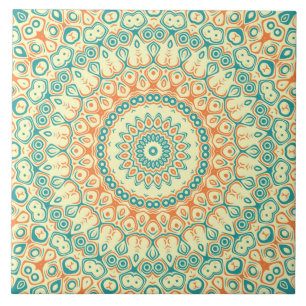 Tropisches Aquamarines und Orange Mandala Muster Fliese
