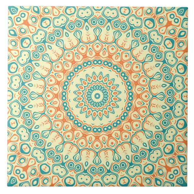 Tropisches Aquamarines und Orange Mandala Muster Fliese (Vorderseite)