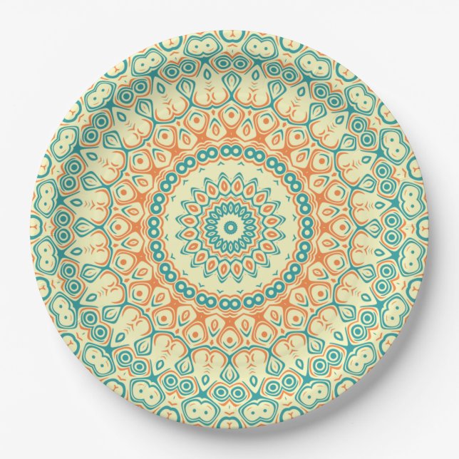 Tropisches Aquamarines und Orange Mandala Muster Pappteller (Vorderseite)