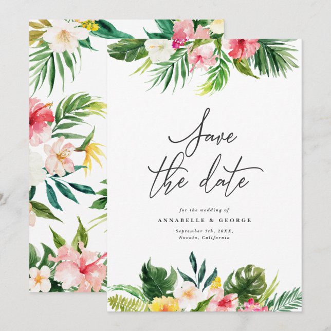 Tropisches Aquarell-Blumen-Save-the-Date Save The Date (Vorne/Hinten)