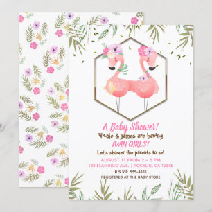 Tropisches Aquarell Zwei rosa Flamingos Babyparty Einladung
