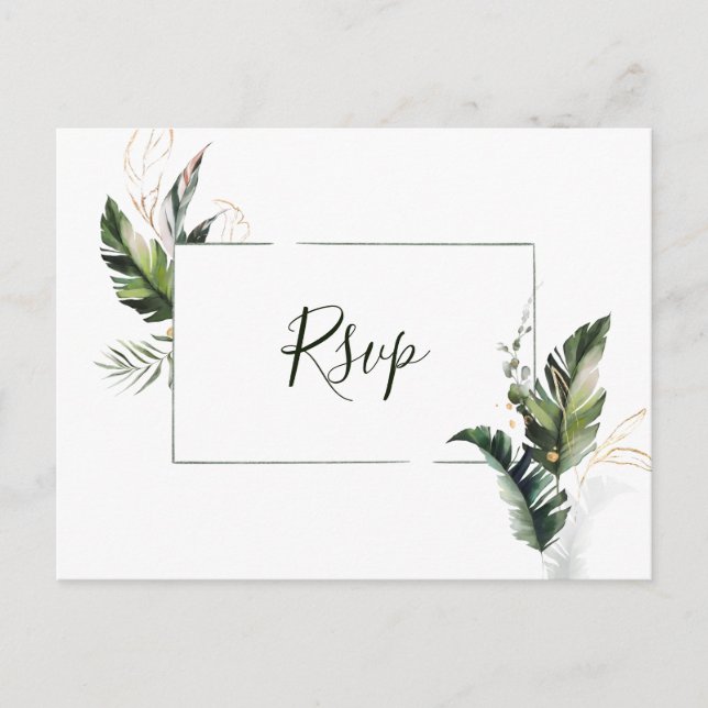 Tropisches Aquarellblatt Hochzeit RSVP Einladungspostkarte (Vorderseite)