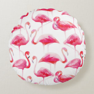 Tropisches Aquarellmuster Bright Pink Flamingo Mus Rundes Kissen
