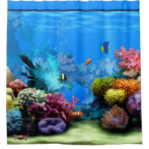 Tropisches Aquarium mit bunten Fischen und Koralle Duschvorhang