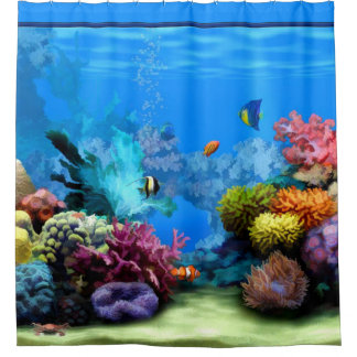 Tropisches Aquarium mit bunten Fischen und Koralle Duschvorhang