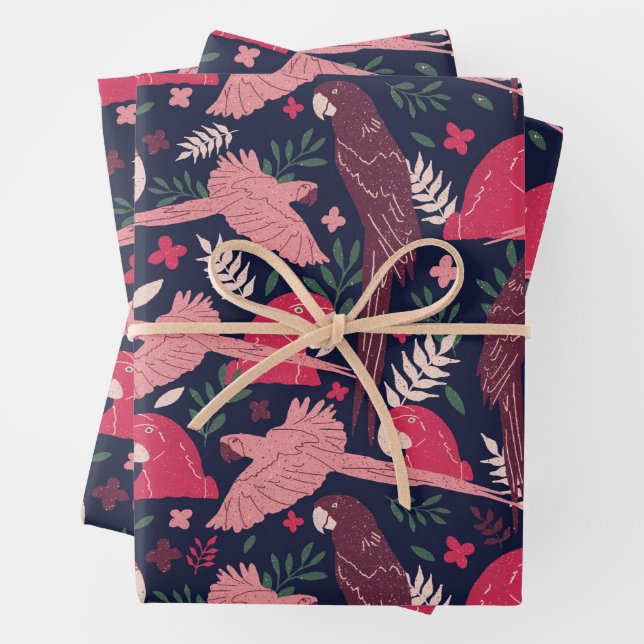 Tropisches Ara-Papageien-Blattmuster Geschenkpapier Set (Beispiel)