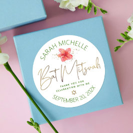 Tropisches Bat Mitzvah Watercolor Floral Gold Scri Runder Aufkleber