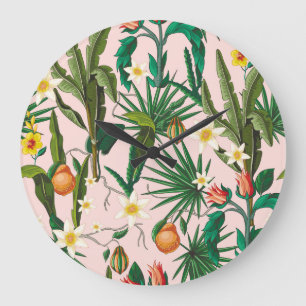 Tropisches Blatt, Blume, Fruchtmuster. Große Wanduhr