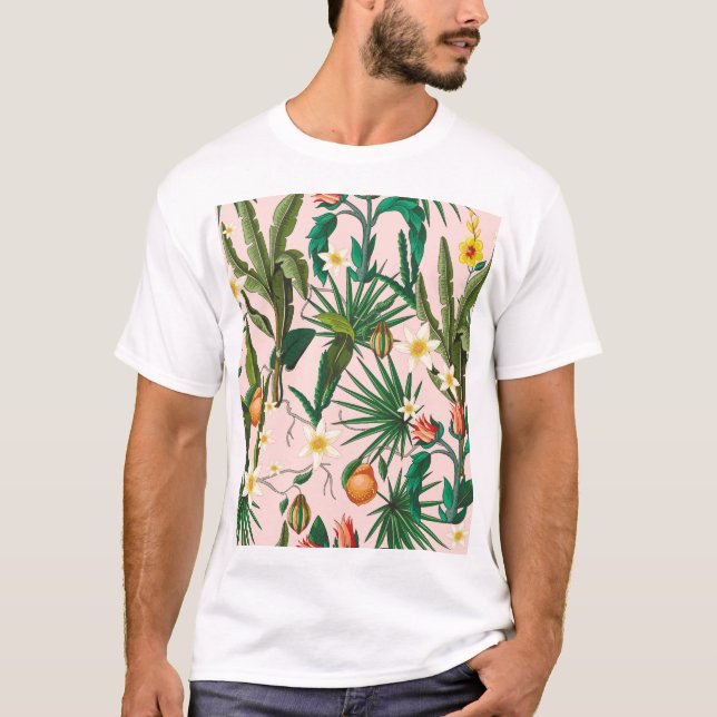 Tropisches Blatt, Blume, Fruchtmuster. T-Shirt (Vorderseite)