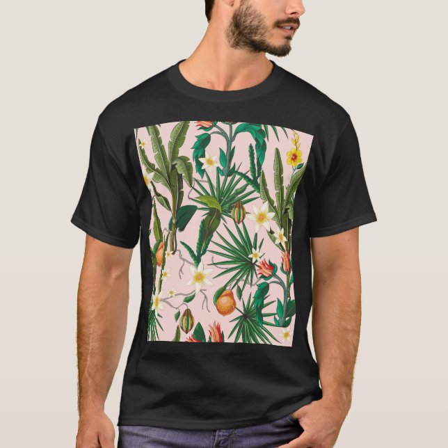 Tropisches Blatt, Blume, Fruchtmuster. T-Shirt (Vorderseite)