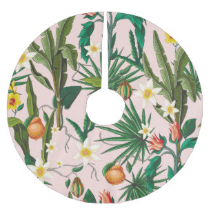 Tropisches Blatt-, Blumen- und Fruchtmuster. Polyester Weihnachtsbaumdecke