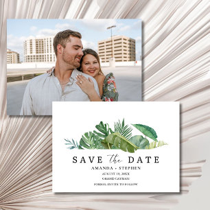 Tropisches Blatt-Foto-Strand-Hochzeit-Einladung zu Save The Date