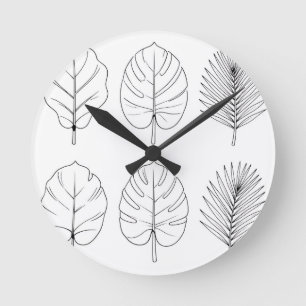 Tropisches Blatt-Linienkunst-Muster Runde Wanduhr