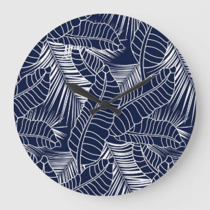 Tropisches Blatt, marineblauer Hintergrund Große Wanduhr