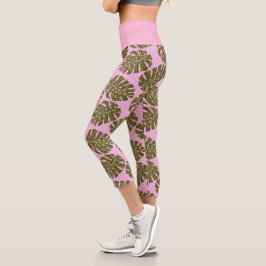 Tropisches Blatt Monstera Rosa Grün Capri Leggings