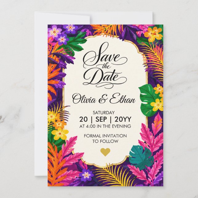 Tropisches Blätter Blumen-Design  Save The Date (Vorderseite)