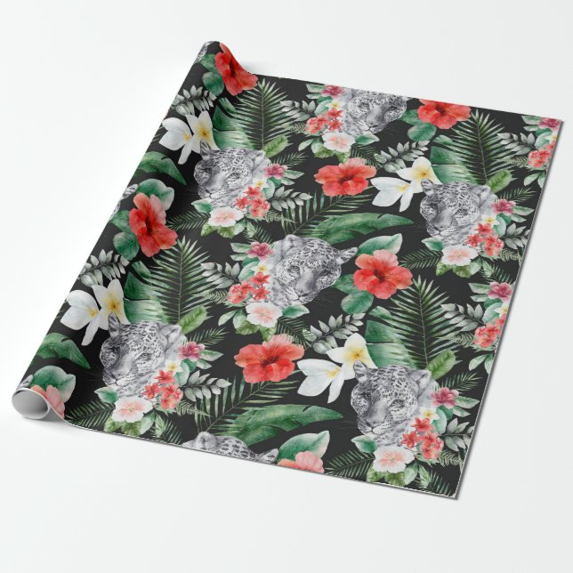 Tropisches Blätter Leoparden Blumenpapier Geschenkpapier (Ungerollt)