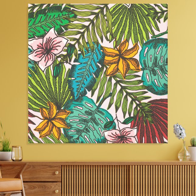 Tropisches Blätter-Muster - Boho-Blumendekor Leinwanddruck (Insitu (Wohnzimmer))