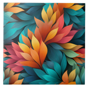 Tropisches Blätter-Muster, dunkles Orange und Cyan Fliese