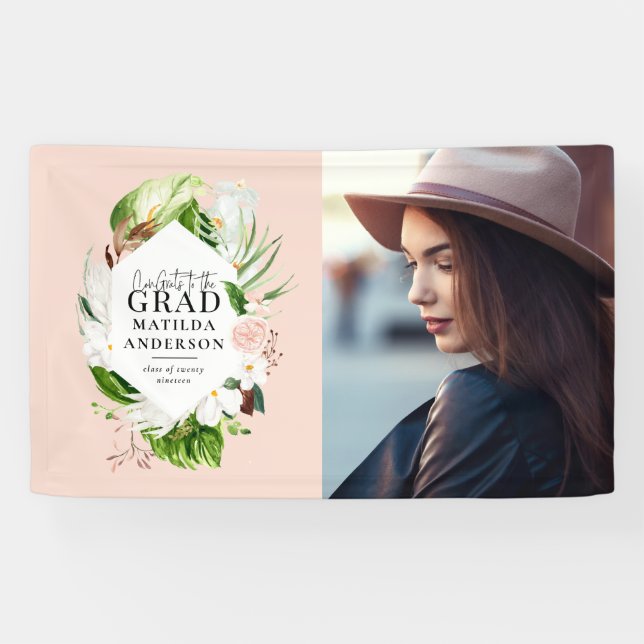 Tropisches Blattwerk-Foto-Graduierungsparty Banner (Horizontal)