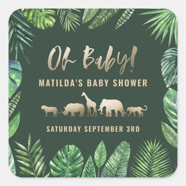 Tropisches Blattwerk + Goldtiere Babydusche Party Quadratischer Aufkleber (Vorderseite)
