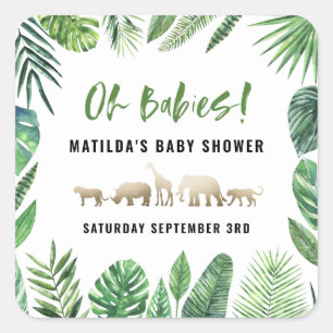Tropisches Blattwerk + Goldtiere Babydusche Party Quadratischer Aufkleber