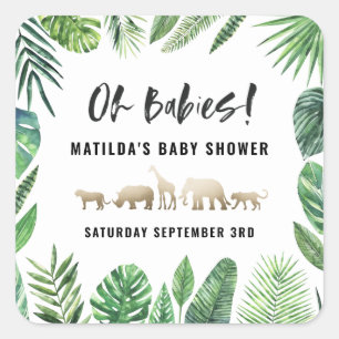 Tropisches Blattwerk + Goldtiere Babydusche Party Quadratischer Aufkleber