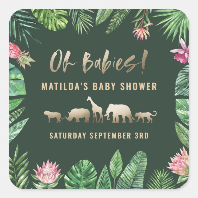 Tropisches Blattwerk + Goldtiere Babydusche Party Quadratischer Aufkleber (Vorderseite)