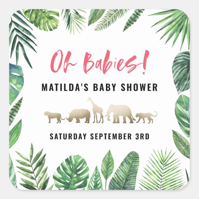 Tropisches Blattwerk + Goldtiere Babydusche Party Quadratischer Aufkleber (Vorderseite)