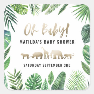 Tropisches Blattwerk + Goldtiere Babydusche Party Quadratischer Aufkleber