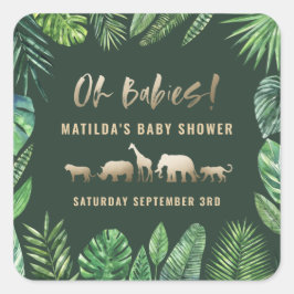 Tropisches Blattwerk + Goldtiere Babydusche Party Quadratischer Aufkleber