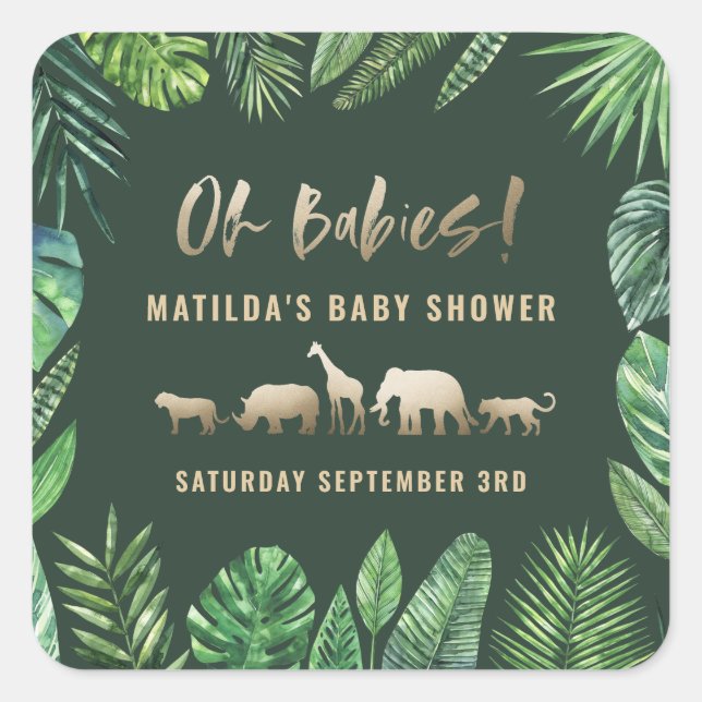 Tropisches Blattwerk + Goldtiere Babydusche Party Quadratischer Aufkleber (Vorderseite)