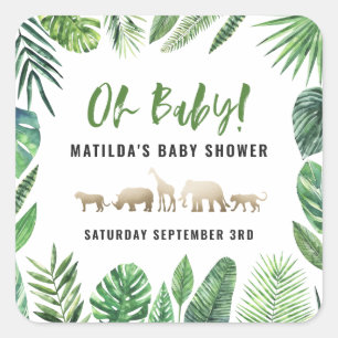 Tropisches Blattwerk + Goldtiere Babydusche Party Quadratischer Aufkleber