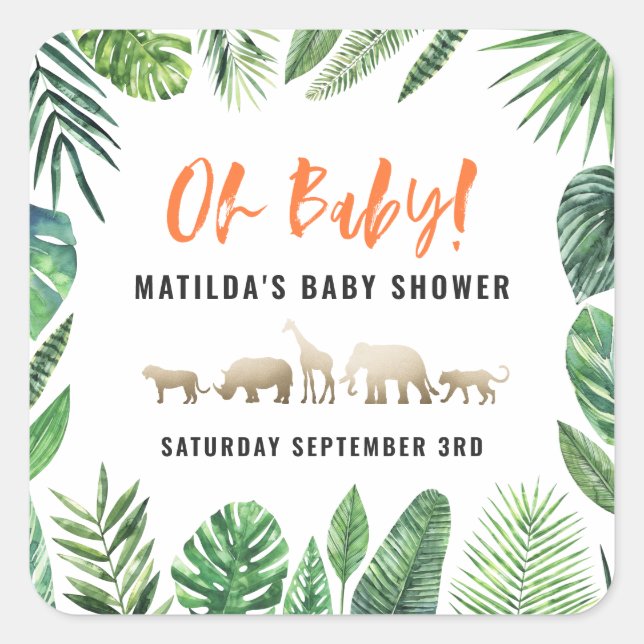Tropisches Blattwerk + Goldtiere Babydusche Party Quadratischer Aufkleber (Vorderseite)