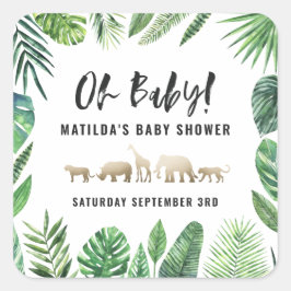 Tropisches Blattwerk + Goldtiere Babydusche Party Quadratischer Aufkleber