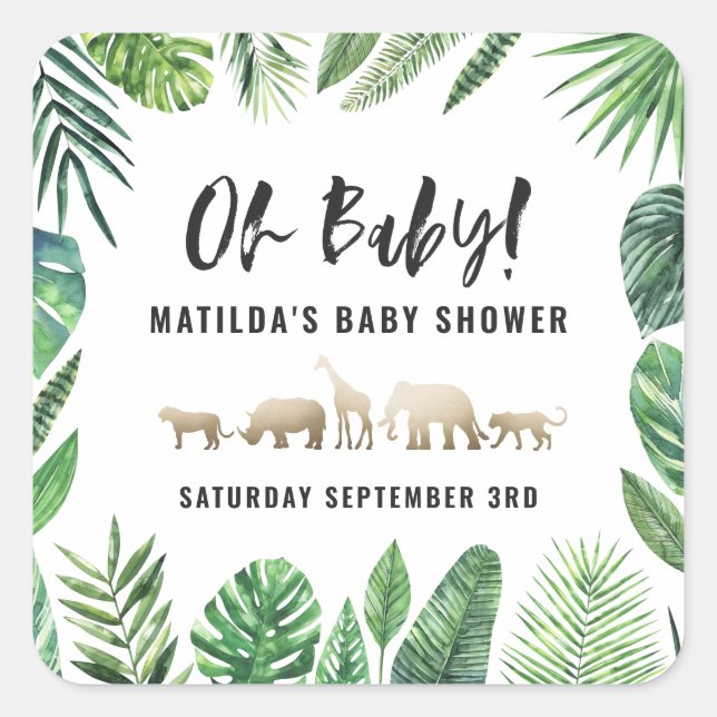 Tropisches Blattwerk + Goldtiere Babydusche Party Quadratischer Aufkleber (Vorderseite)