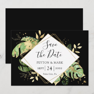 Tropisches Blattwerk Schwarz & Gold Elegante Geome Save The Date