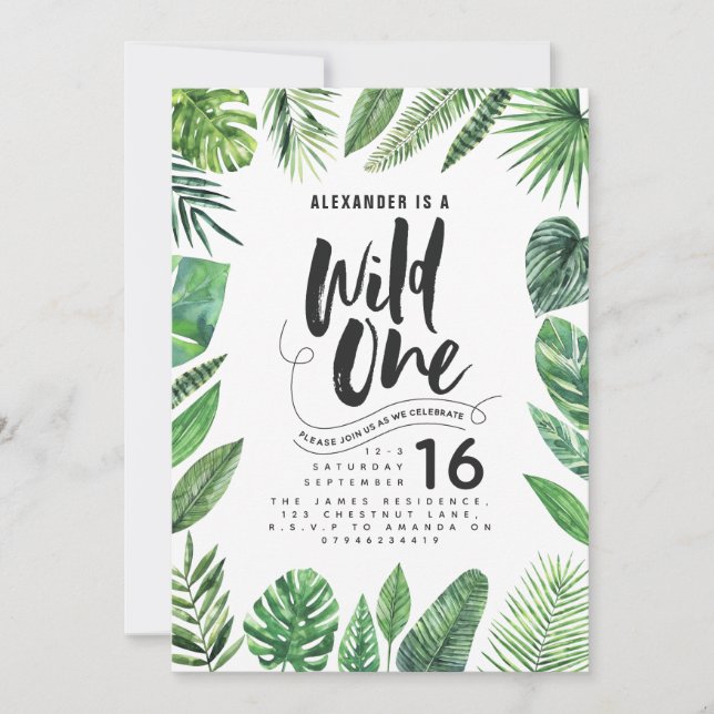 Tropisches Blattwerk + Skripttext eines Geburtstag (Vorderseite)