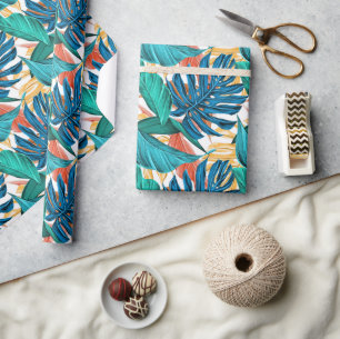 Tropisches Blau gelbe Blätter Geschenkpapier