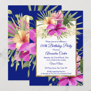 Tropisches Blau Lila Rosa Hibiskus Florale Party Einladung