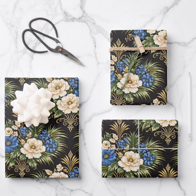 Tropisches Blau-Palm-Blumenmuster Geschenkpapier Set (Vorderseite)