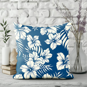 Tropisches Blau und Weiße Blumen Kissen