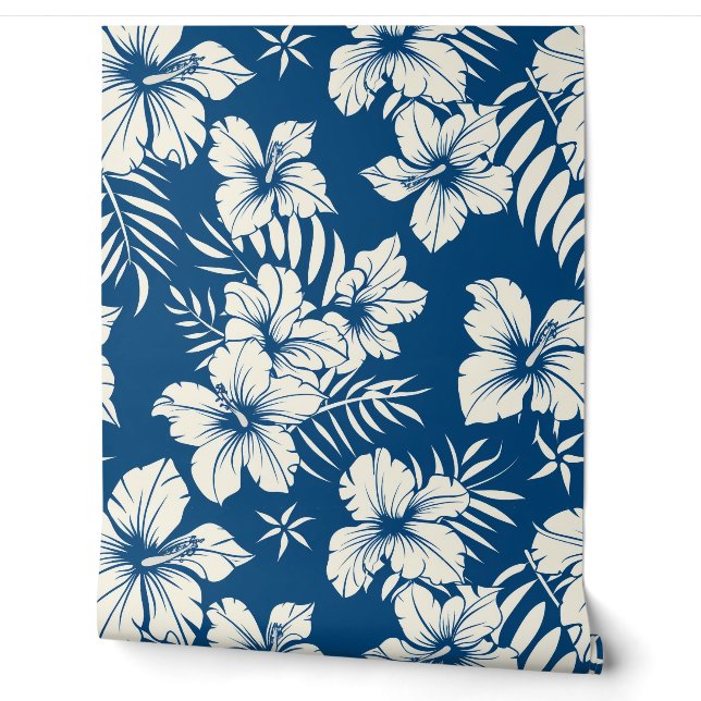 Tropisches Blau-Weiß-Blumenmuster Tapete (Abrollen)